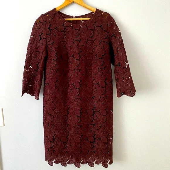 LOFT Women's Sz 2 Wine Burgundy Lace Shift Dress Cocktail Party 3/4 Sleeve - Picture 1 of 9